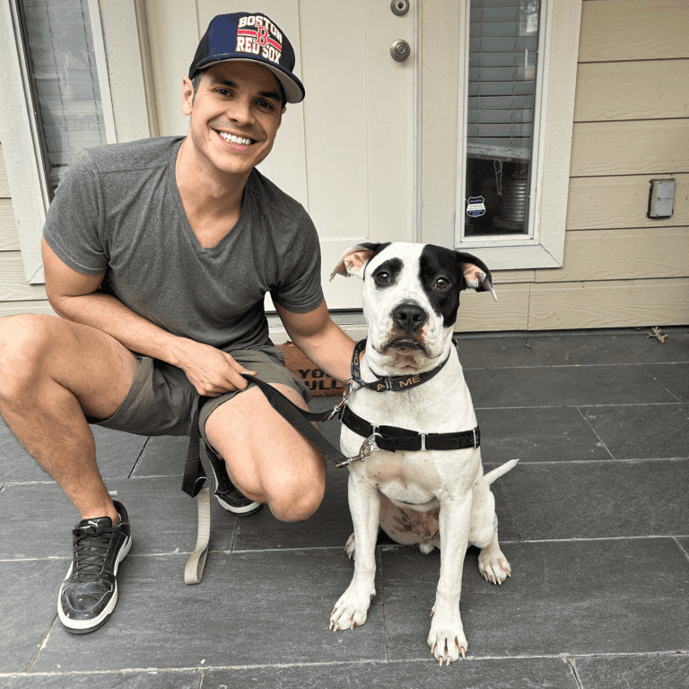 Dog sitting and smiling with his foster dad