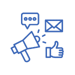 Icon with quote bubble, megaphone, thumbs up, and envelope