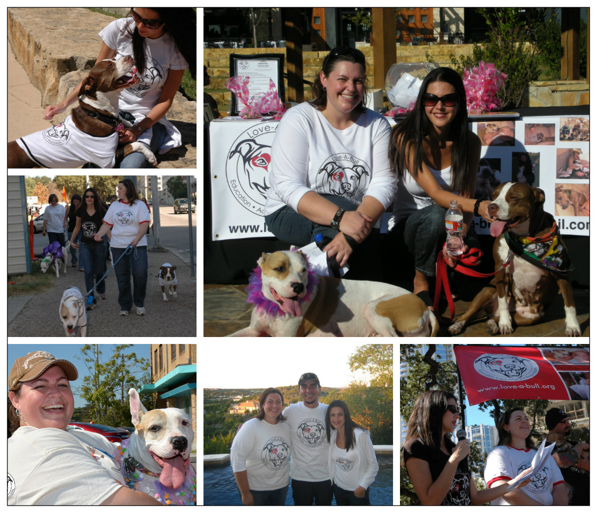 Collage of co-founders Meghan and Lydia with love-a-bulls dogs.