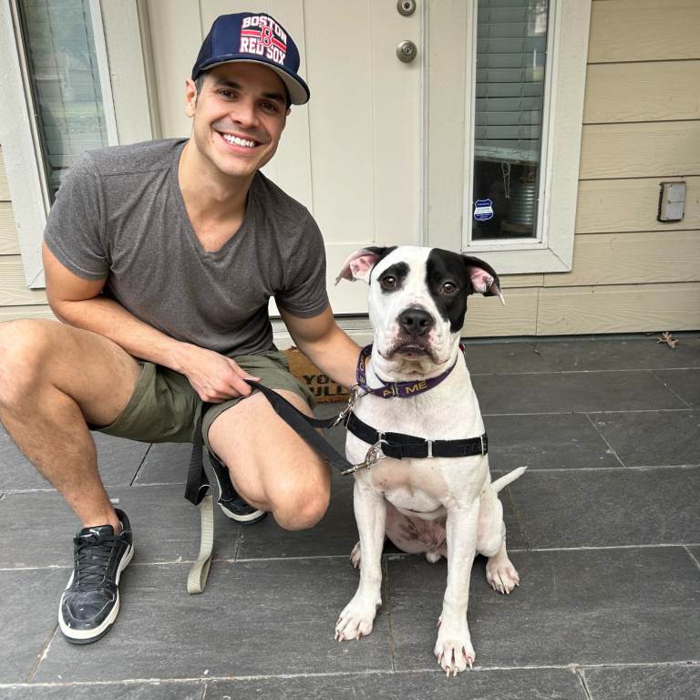 Dog sitting and smiling with his foster dad