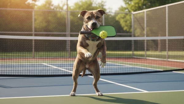 Pickleball A brown pit bull type dog playing pickleball with a paddle in its mouth