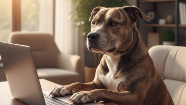 Silent Auction Pickup A brown pit bull type dog sitting in front of a laptop